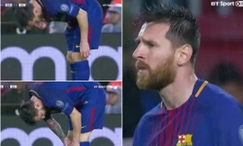 Hình ảnh Messi uống nhanh một viên thuốc glucose ở trận thắng Olympiacos.