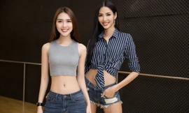 Hoàng Thuỳ khoe eo 'con kiến' khi dạy catwalk 