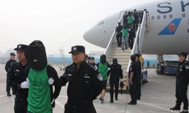 Các nghi phạm lừa đảo qua mạng bị dẫn giải về Trung Quốc.