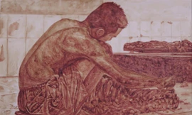 Những bức tranh trong dự án Lò mổ được vẽ bằng sơn dầu và bằng máu bò Ảnh: NVCC