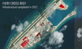 Những công trình Trung Quốc xây dựng trên đá Chữ Thập thời điểm 2017. Ảnh: Telegraph/CSIS/AMTI