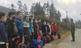 14 công dân nhập cảnh trái phép qua đường mòn khu vực mốc 468 bị Đồn Biên phòng Xín Cái (Hà Giang) bắt giữ ngày 29/12. Ảnh: BĐBP