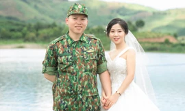 Thượng úy Lê Bá Liêm và vợ sắp cưới Nguyễn Thị Bích Ngọc. Ảnh: NVCC