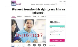 Ảnh chụp màn hình mẫu tin kêu gọi quyên góp tiền cho Phạm Văn Thoại (người bật khóc trong ảnh) từ trang Indiegogo 