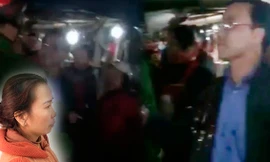 Bị can Nguyễn Thị Loan (ảnh nhỏ) người hắt tiết lợn vào người ông Lê Ngọc Huấn (phải). Ảnh: TL