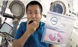 Du hành gia Wakata và túi đựng hạt đào trên ISS. 