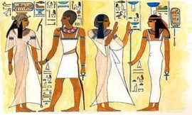 Tranh vẽ hoàng hậu Bint-Anath và con gái trong lăng mộ ở Thung lũng các hoàng hậu, Ai Cập. Trong tranh, hai người đều mặc kalasiris. Ảnh: Wikimedia Commons.