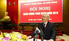 Tổng Bí thư, Chủ tịch nước Nguyễn Phú Trọng, Bí thư Quân ủy Trung ương phát biểu chỉ đạo Hội nghị. (Ảnh: Trí Dũng/TTXVN)