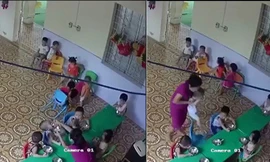 Nữ giáo viên đánh bé trai hơn 2 tuổi. Ảnh: Cắt từ clip.