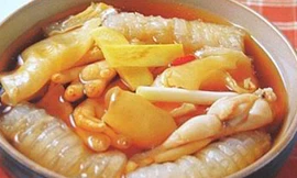 Canh bong bóng cá nấu thịt ếch dưỡng âm, ích tinh, nhuận phế.