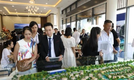 Các dự án BĐS nghỉ dưỡng ven biển thu hút nhiều nhà đầu tư miền Bắc (Ảnh: Khách tham quan sa bàn Dự án NovaBeach Cam Ranh Resort & Villas)