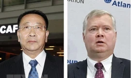 Đại diện đặc biệt của Mỹ về Triều Tiên Stephen Biegun (phải) và Trưởng đoàn đàm phán Triều Tiên Kim Myong-gil (trái). (Ảnh: Kyodo/TTXVN)