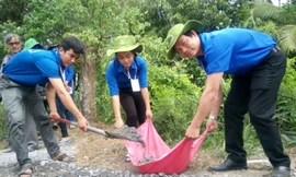 Đoàn viên thanh niên khuân đá làm đường giao thông nông thôn
