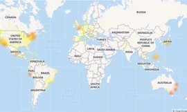 Sự cố xảy ra trên diện rộng, trong đó Việt Nam ảnh hưởng ở mức trung bình (vàng). Mức độ ảnh hưởng từ ít đến nhiều thể hiện qua các màu vàng nhạt - vàng - cam - đỏ.