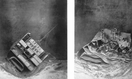 Minh họa cho thấy tàu Laurentic khi các thợ lặn tìm thấy lần đầu (trái) và tình trạng xác con tàu sau cơn bão. Ảnh: Đại học Cambridge