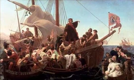 Bức tranh mô tả nhà thám hiểm Christopher Columbus trên tàu đô đốc Santa Maria trong chuyến đi tìm vùng đất mới lần đầu tiên năm 1492. Ảnh: Wikipedia