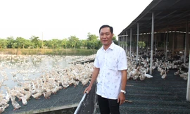 Anh Âu Thanh Nhựt tại trại vịt được chăn nuôi theo phương thức mới