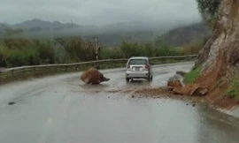 Một hòn đá to suýt rơi trúng xe ô tô 4 chỗ ngồi đang lưu thông trên đường -Ảnh: TL