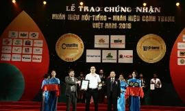 Ông Lê Văn Cường - Phó Tổng Giám đốc (áo trắng, đứng giữa) - đại diện HVC Group nhận bằng chứng nhận “Nhãn hiệu nổi tiếng Việt Nam 2018”