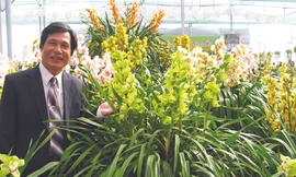 Nghệ nhân Đoàn Văn Quỳnh bên sản phẩm hoa lan của mình. Ảnh: Kim Anh