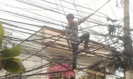 Người ngáo đá trèo lên cột điện