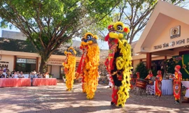 Các du khách Pháp liên tục vỗ tay tán thưởng đoàn lân sư rồng Nhân Nghĩa Đường