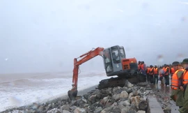 Tỉnh Nam Định khẩn trương khắc phục sự cố đê biển bị sạt lở do ảnh hưởng của bao số 7 - Ảnh: Hoàng Long