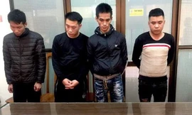 Nhóm đối tượng gây án và tang vật. Ảnh: N.My