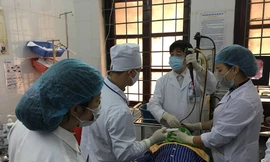 Các bác sỹ gắp con đỉa khỏi cổ ông H .Ảnh: TL