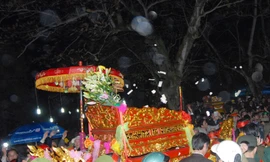 Chen lấn xô đẩy ném tiền may mắn vào kiệu ấn tại hội đền Trần. Ảnh: Minh Đức