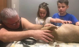 Chị Richardson cùng 2 con đang vĩnh biệt chú chó nhỏ dũng cảm. (Ảnh: CNN)