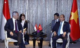 Thủ tướng Nguyễn Xuân Phúc và Thủ tướng Singapore Lý Hiển Long tại cuộc gặp. (Ảnh: TTXVN)