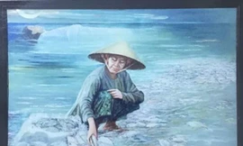 "Biển chết" của hoạ sĩ Nguyễn Nhân đang bị tạm thu treo ở Hội VHNT tỉnh Trà Vinh và được "bêu" vi phạm bản quyền. Ảnh: Facebook nhân vật