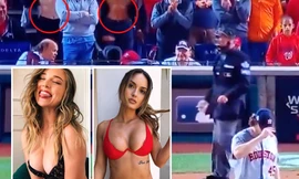 Hai người mẫu vén áo khoe ngực trần trong sân bóng