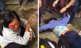 Bà Bảy và bà Phúc bị người dân ở Sóc Sơn hành hung vì nghi bắt cóc trẻ con. 