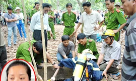 Lực lượng chức năng xuống giếng để tìm chứng cứ (ảnh lớn) và bà Lê Thị Hường (ảnh nhỏ)