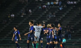 Các cầu thủ U22 Campuchia ăn mừng chiến thắng