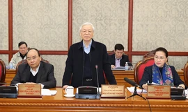 Tổng Bí thư, Chủ tịch nước Nguyễn Phú Trọng chủ trì buổi làm việc với Ban Thường vụ Thành ủy Hải Phòng. Ảnh:TTXVN