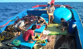 Ngư dân Nguyễn Đình Sang (áo đỏ) đang sắp mâm cúng trước giờ tàu chạy vào vòng Nguyệt Thiềm. Ảnh: Văn Chương 