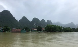 Mặc dù đã là ngày thứ 4 ngập lụt, nhưng nhiều ngôi nhà ở Tân Hoá nước vẫn lắp xắp mái