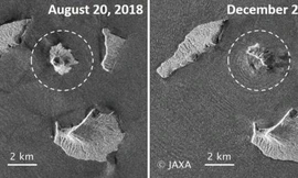 Ảnh chụp từ vệ tinh cho thấy, độ cao của núi lửa đã giảm đáng kể từ tháng 8/2018 cho đến thời điểm xảy ra vụ sóng thần