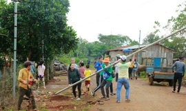 Sinh viên tiình nguyện chung tay dựng đèn đường làng.