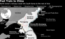 Bản đồ phác thảo dự án đường sắt xuyên Á nối liền 2 miền Triều Tiên (Ảnh: Bloomberg)
