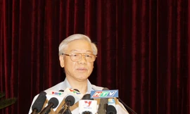 Tổng Bí thư Nguyễn Phú Trọng dự Hội nghị toàn quốc sơ kết 1 năm thực hiện Chỉ thị 03 của Bộ Chính trị Ảnh: TTXVN