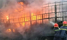 Xe tải chở bánh kẹo bốc cháy ngùn ngụt trên quốc lộ 