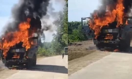 Xe tải bốc cháy ngùn ngụt, tài xế nhảy khỏi cabin thoát nạn 