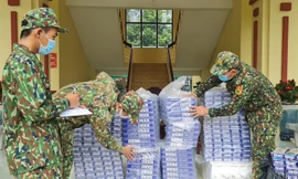BĐBP An Giang kiểm đếm tang vật thuốc lá vận chuyển trái phép qua biên giới do đơn vị thu giữ. ẢNH: KHÁNH AN 