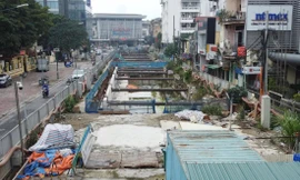 Công trình ga đường sắt đô thị Nhổn - ga Hà Nội vắng công nhân thi công trực tiếp tại công trường ngày 7/2