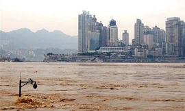 Nước lũ dâng cao gần ngập cột đèn ở TP Trùng Khánh, Trung Quốc. (Ảnh: AP)