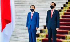 Tổng thống Indonesia Joko Widodo và Thủ tướng Nhật Bản Suga Yoshihide tại lễ đón ở Jakarta ngày 20/10. (Ảnh: AP)